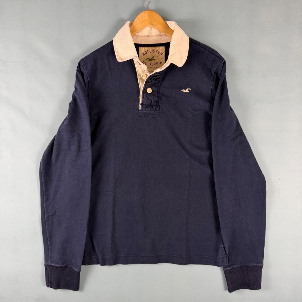 Vintage Y2K Hollister Mens L Navy Heavy Cotton Rugby Shirt Long Sleeve Polo